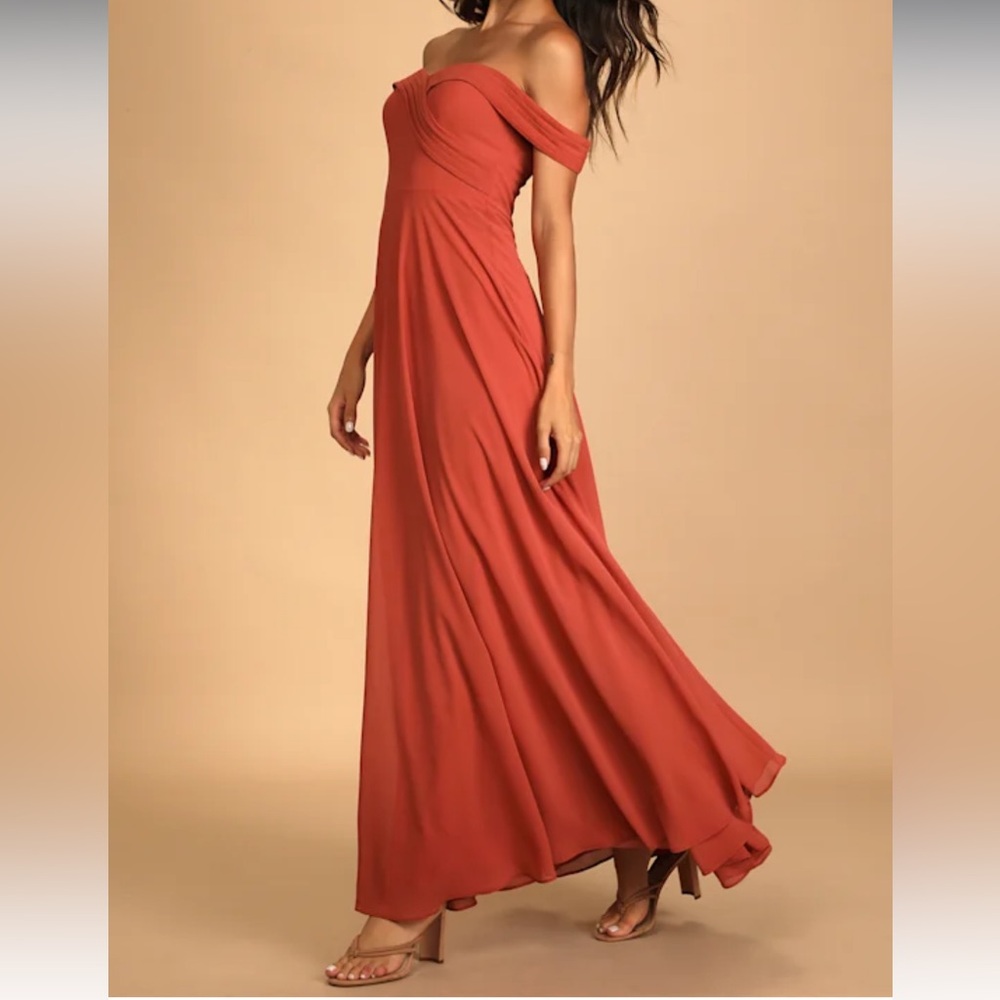 NWT Lulus XS Romantic Elegance Terra Cotta Off-the-Shoulder Maxi Dress